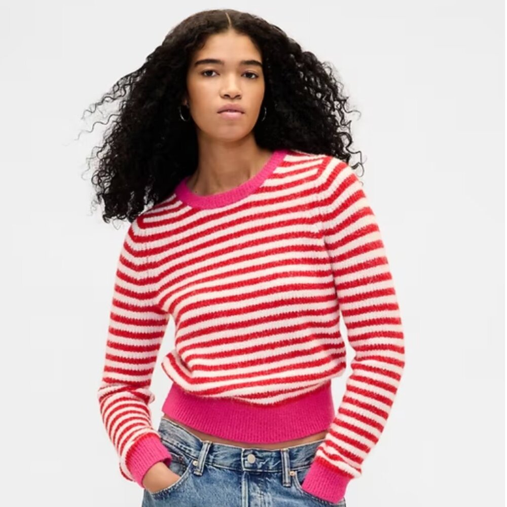 GAP Pink and White Striped Crewneck Sweater
